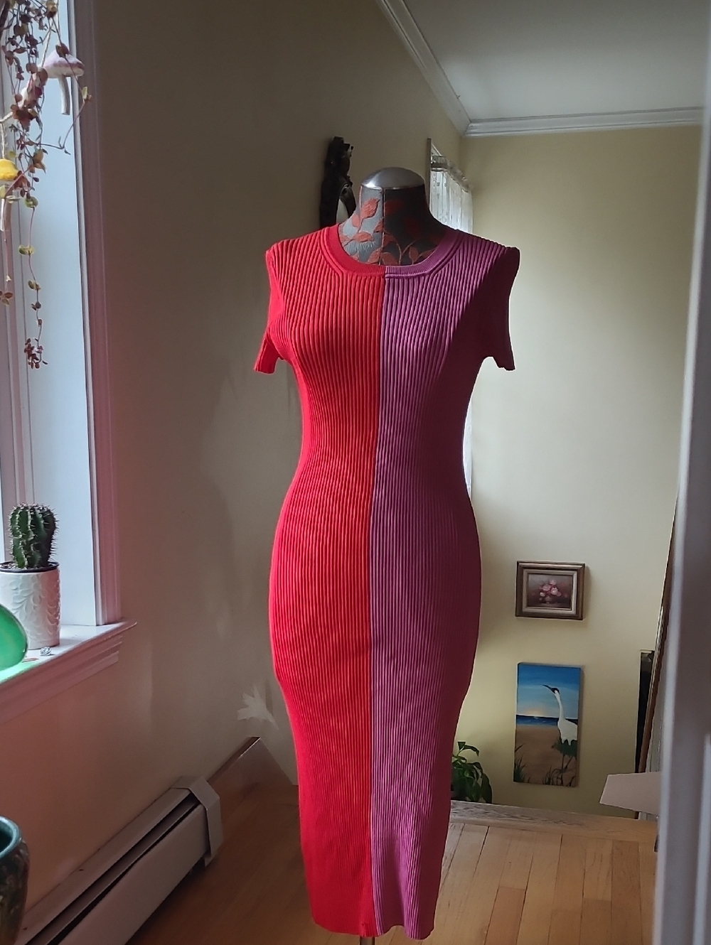 STAUD Two-Tone Red & Pink Ribbed Midi Dress XL
